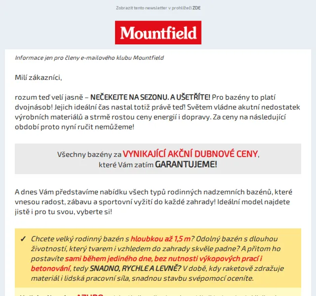 Mountfield: Bazény Azuro a Swing až o 50 % – červen 2026 | Nuslet.cz