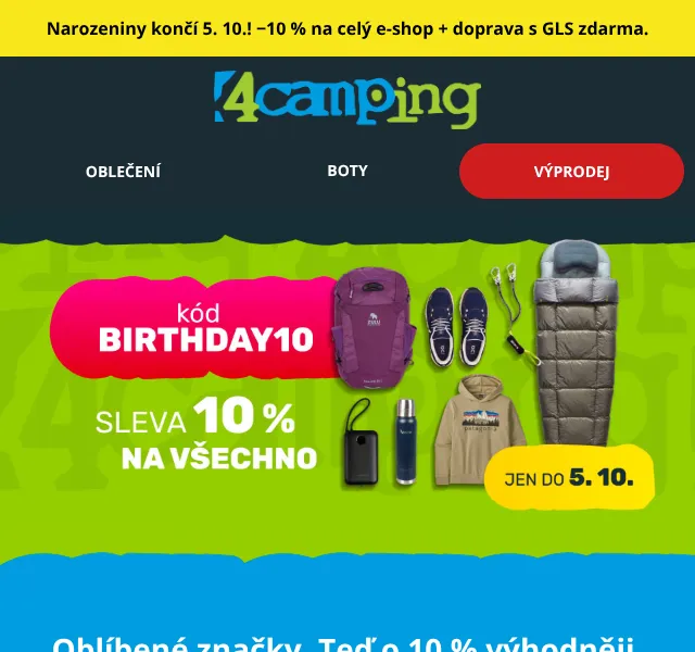 4camping.cz: −10 % slevový kód BIRTHDAY10 – říjen 2026