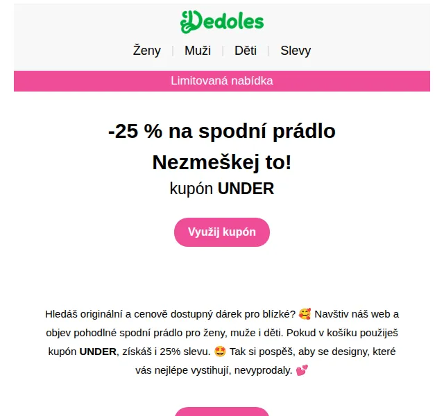 Dedoles.cz: -25 % na spodní prádlo a boxerky – červen 2026 | Nuslet.cz