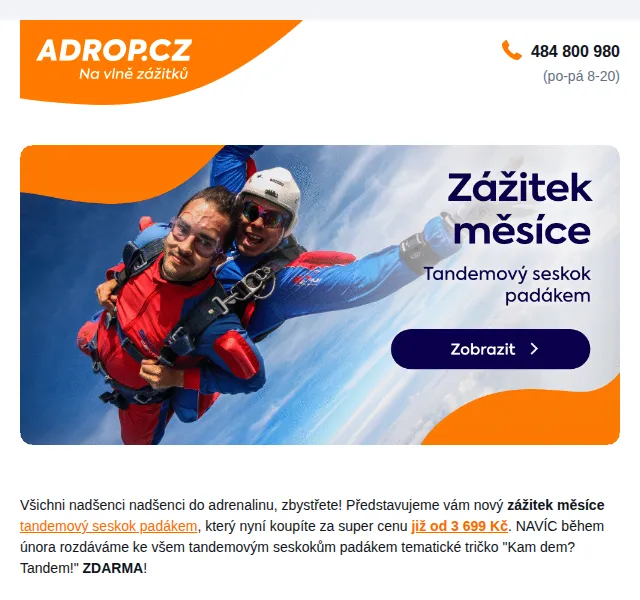 Adrop: Tandemový seskok padákem od 3 699 Kč – červen 2026 | Nuslet.cz