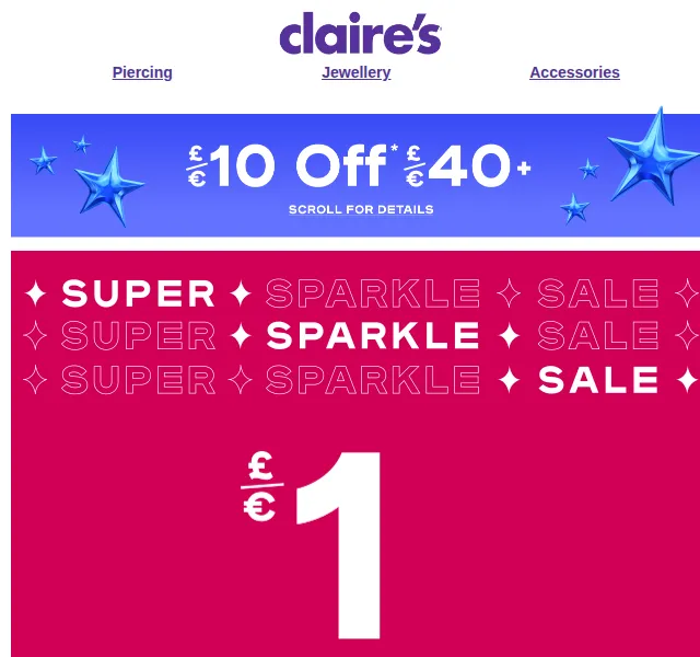Claire's: Super Sparkle Sale náušnice od 1 € a slevy až 75 % – červenec 2026 | Nuslet.cz