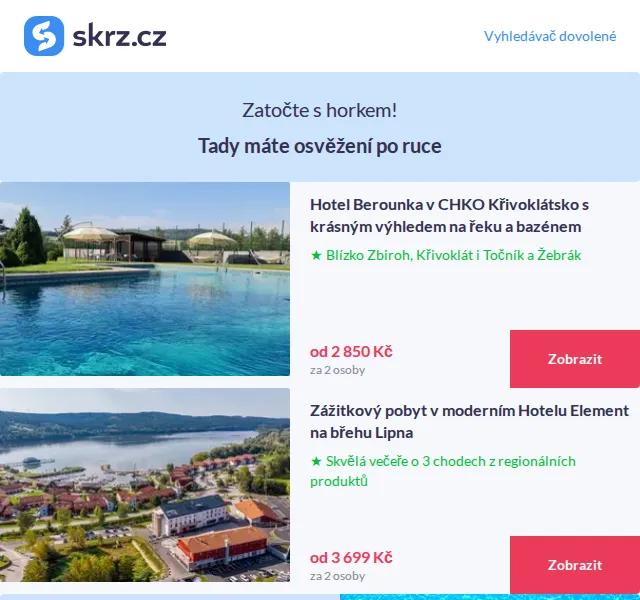 Vánoce na Skrz: Pobyty u přehrad i s bazénem – červen 2026 | Nuslet.cz