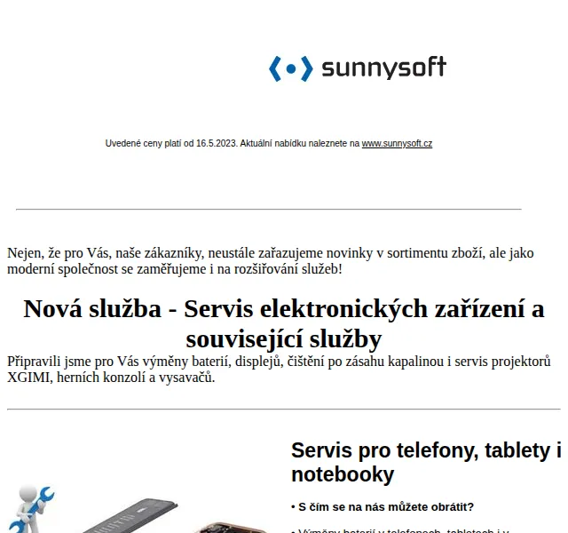 Sunnysoft: Servis baterií a displejů – červen 2026 | Nuslet.cz