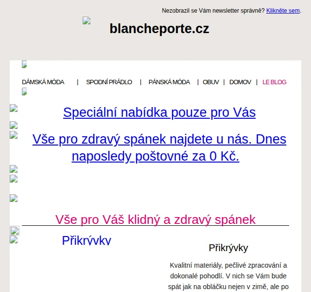 Blancheporte: Poštovné zdarma na vše pro spánek – červen 2026 | Nuslet.cz