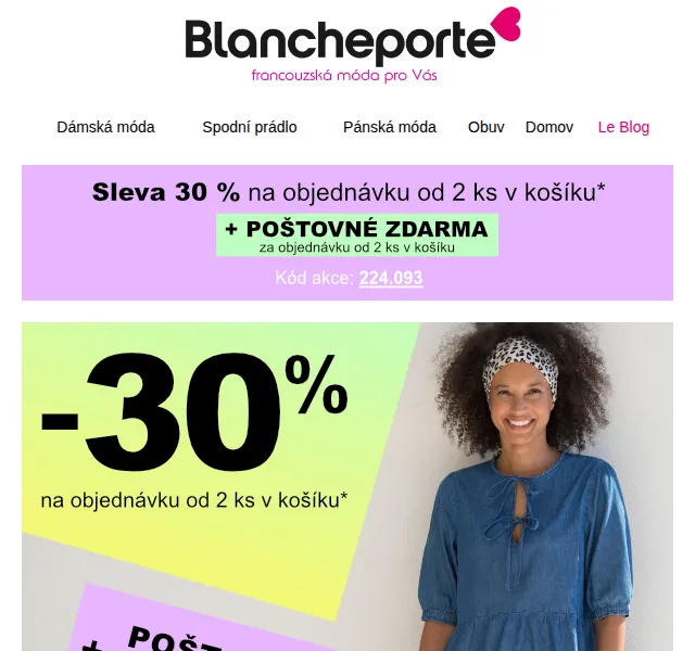 Blancheporte: Sleva 30 % na 2+ kousky a doprava zdarma – červen 2026 | Nuslet.cz