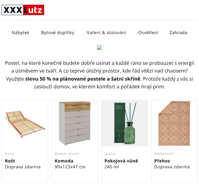 XXXLutz: -50 % na postele a skříně – srpen 2026