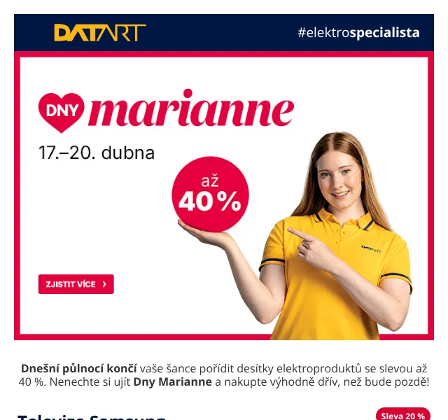 DATART: Dny Marianne – slevy až 40 % na elektro | Duben 2026