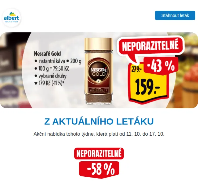 Albert: Nescafé Gold za 159,90 Kč, mléko za 11,90 Kč – červenec 2026 | Nuslet.cz