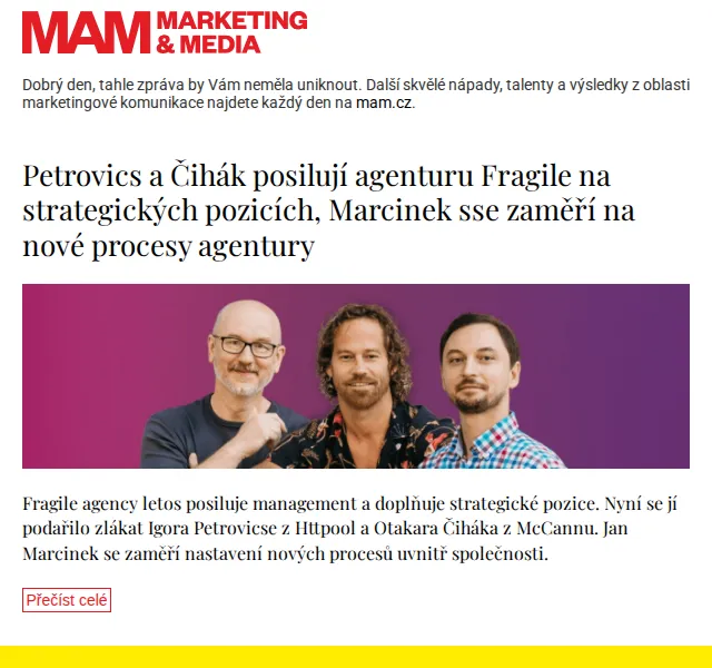 Marketing & Media: Petrovics a Čihák v agentuře Fragile – červen 2026 | Nuslet.cz