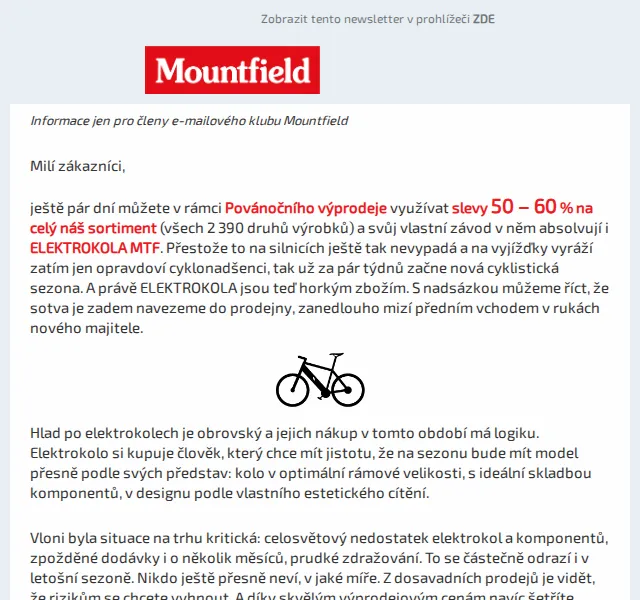 Mountfield: Elektrokola se slevou 50–60 % – výprodej červen 2026 | Nuslet.cz