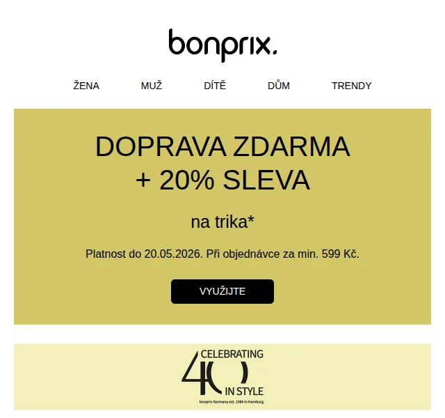 Bonprix: 20 % sleva na trička + doprava zdarma – květen 2026