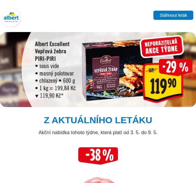 Albert: Máslo 27,90 Kč, Kuřecí řízky 139,90 Kč – červen 2026 | Nuslet.cz