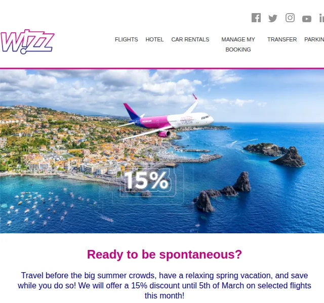 Wizz Air: 15% sleva na vybrané lety – březen 2026 | Nuslet.cz