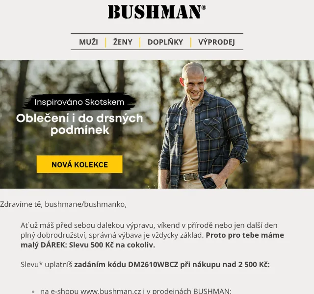 BUSHMAN: 500 Kč slevový kód – říjen 2026