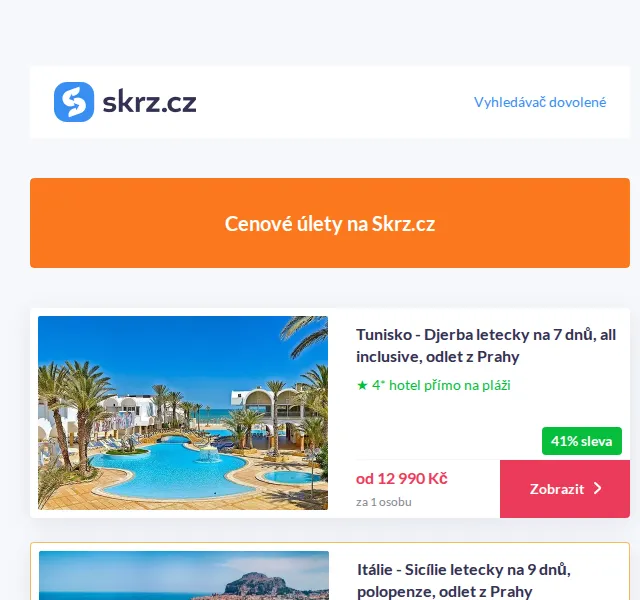 Skrz.cz: Cenové úlety – Djerba 12 990 Kč, Sicílie 15 990 Kč – červenec 2026 | Nuslet.cz
