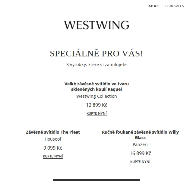 Westwing: Závěsná svítidla Raquel, The Pleat a Willy Glass – červen 2026 | Nuslet.cz