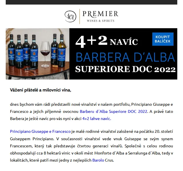 Premier Wines & Spirits: Barbera d'Alba Superiore 2022 4+2 lahve – červen 2026 | Nuslet.cz