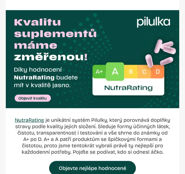 Pilulka.cz: Doplňky stravy NutraRating A+ – srpen 2026