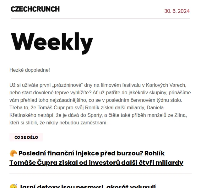 CzechCrunch: Přehled týdne s Rohlíkem, Adidas vs. Nike a Spartou – červenec 2026 | Nuslet.cz