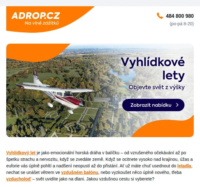 Adrop: Vyhlídkové lety od 1 010 Kč – červenec 2026 | Nuslet.cz