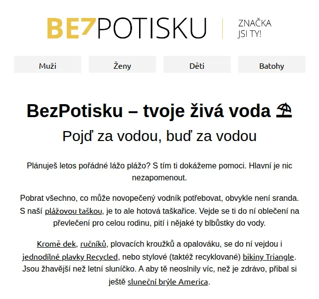 BezPotisku: plážové vybavení, plavky Recycled a tašky – červenec 2026 | Nuslet.cz