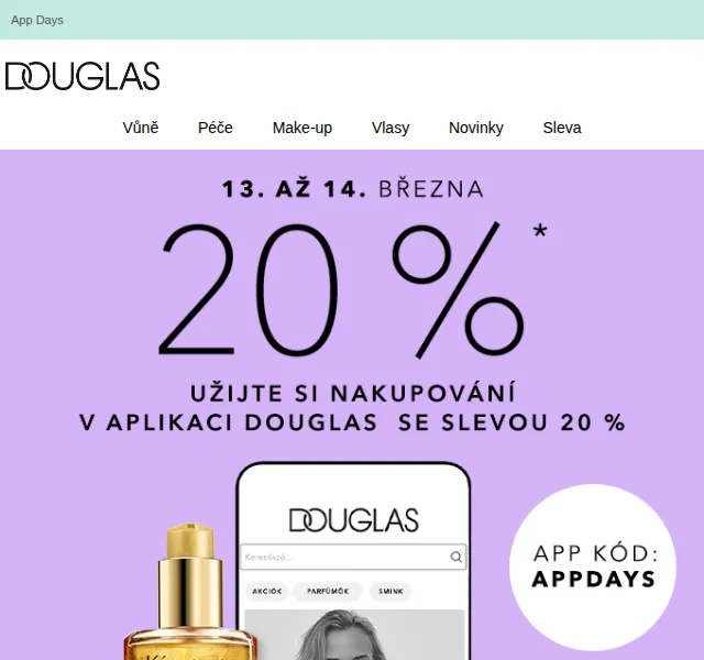 Douglas CZ: Sleva 20 % na vše v aplikaci – červen 2026 | Nuslet.cz