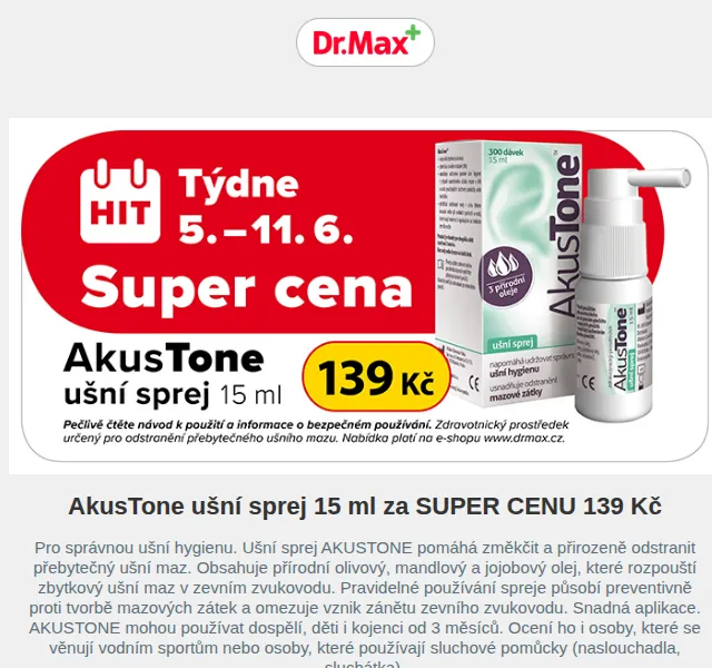 Dr.Max E-shop: AkusTone ušní sprej 15 ml za 139 Kč – červen 2023 | Nuslet.cz