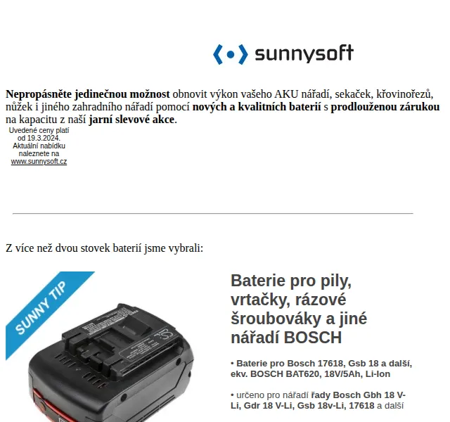 Sunnysoft: AKU baterie se slevou až 20 % – březen 2026 | Nuslet.cz