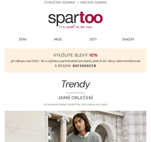 Spartoo.cz: Sleva 10 % na jarní módu + doprava zdarma – duben 2026