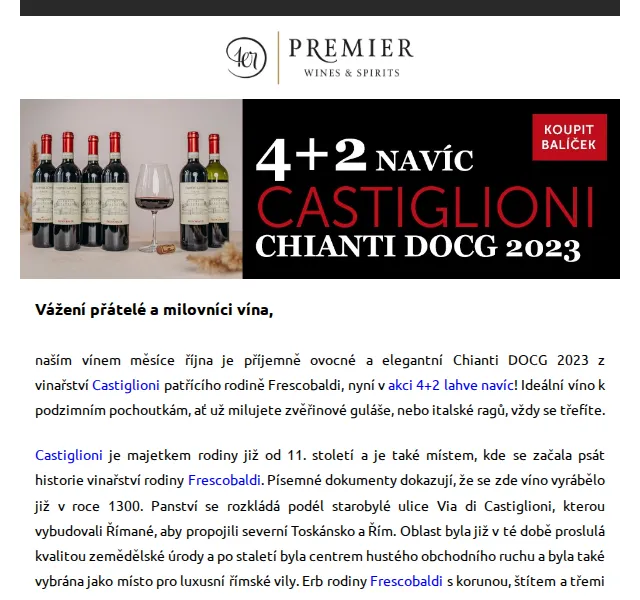 Premier Wines & Spirits: Castiglioni Chianti DOCG 2023 4+2 – červenec 2026 | Nuslet.cz