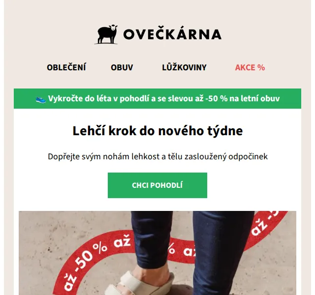 Ovečkárna: Letní obuv -50 % + lůžkoviny -30 % | červen 2026