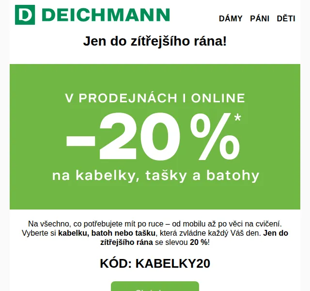 Deichmann: -20 % na kabelky, tašky a batohy – duben 2026