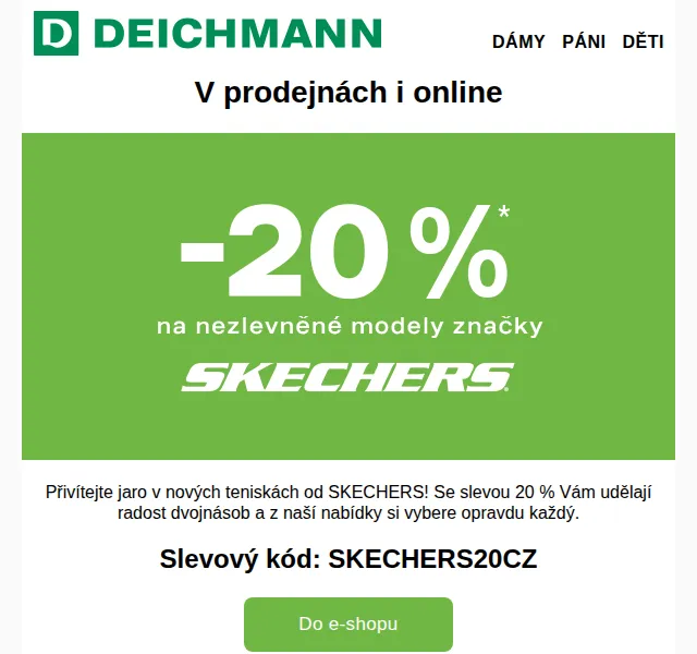 DEICHMANN: Sleva 20 % na SKECHERS – červenec 2026 | Nuslet.cz