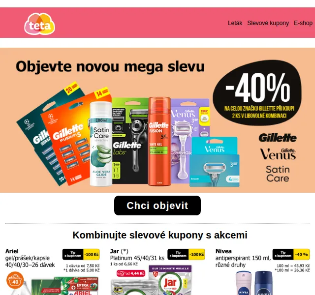 Teta drogerie: Gillette -40 % + kupony – červen 2026