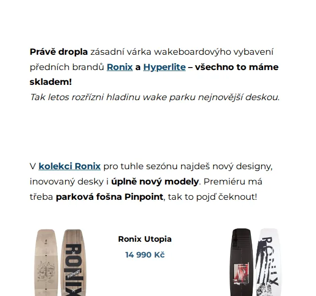 SNOWBOARD ZEZULA: Nová wake kolekce Ronix a Hyperlite – červen 2026 | Nuslet.cz