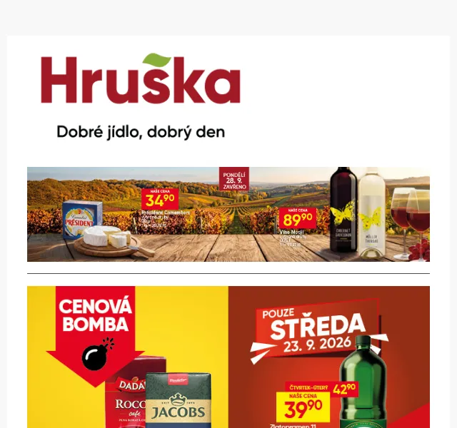 Hruška: slevy na nápoje, sýry a maso – září 2026