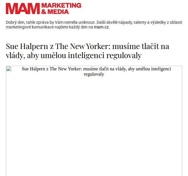 Marketing & Media: regulace AI podle Sue Halpern – červen 2026 | Nuslet.cz