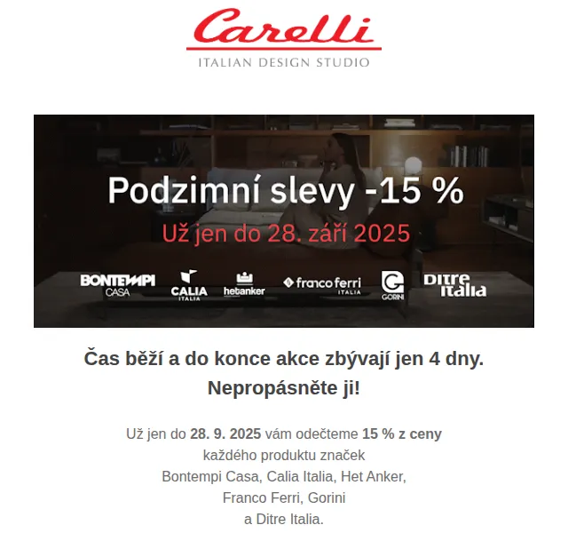 Carelli Nábytek: Sleva 15 % na italský nábytek – září 2025 | Nuslet.cz
