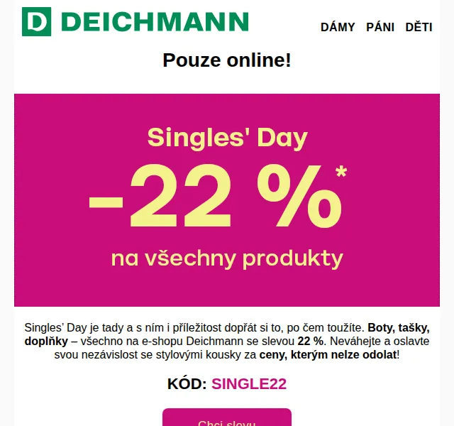 DEICHMANN: -22 % na vše – Singles' Day červenec 2026 | Nuslet.cz