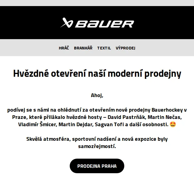 Bauer Hockey Česko: Otevření prodejny – červenec 2026 | Nuslet.cz