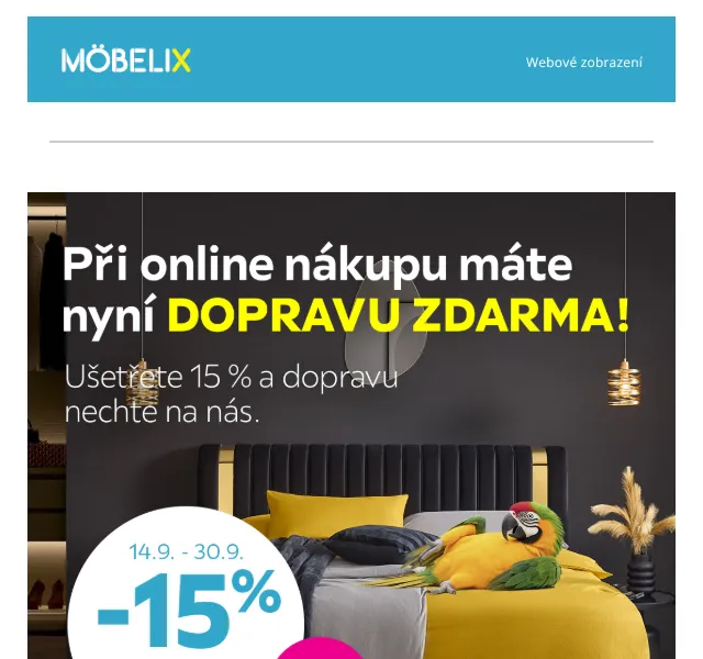 Möbelix: 15 % sleva na nábytek s dopravou zdarma – září 2026