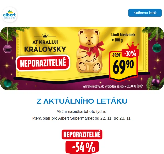 Albert: Medvídek Lindt 69,90 Kč a Coca-Cola 29,90 Kč – listopad 2026 | Nuslet.cz