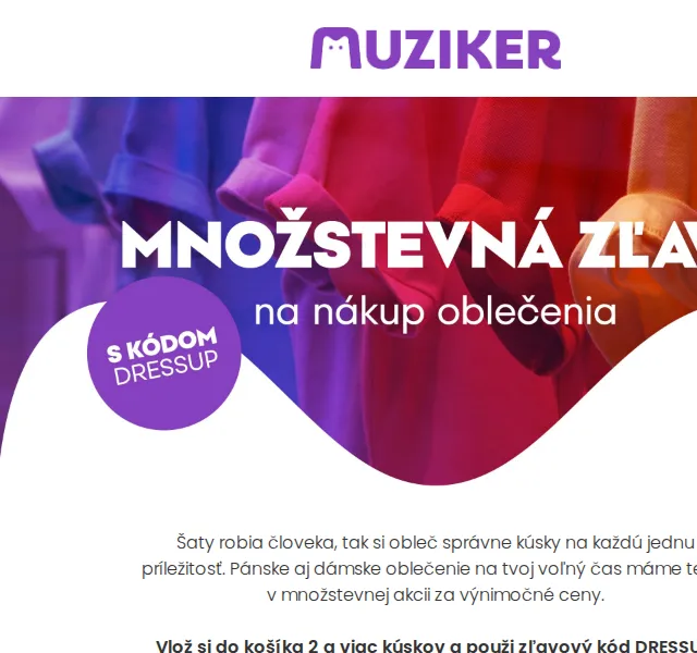 Muziker: Sleva na volnočasové oblečení – červen 2026 | Nuslet.cz
