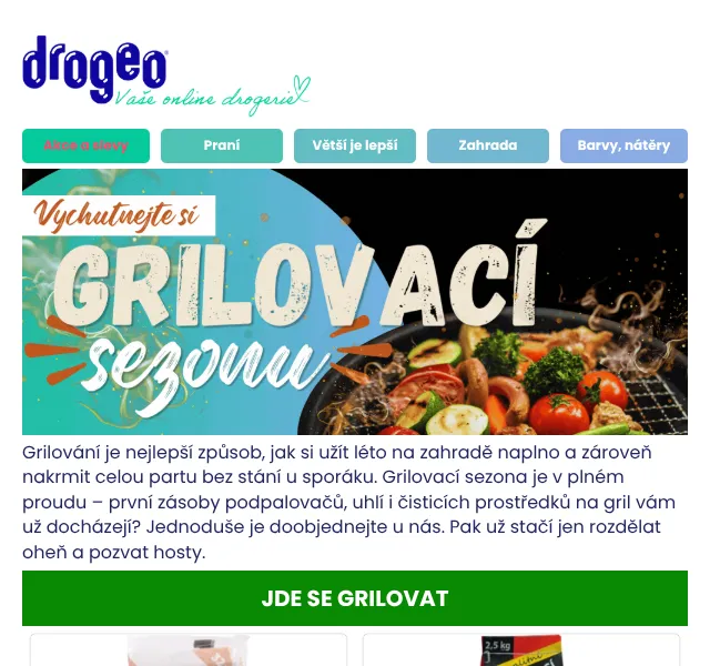 Drogeo: uhlí, podpalovače, čistič grilu – červenec 2026