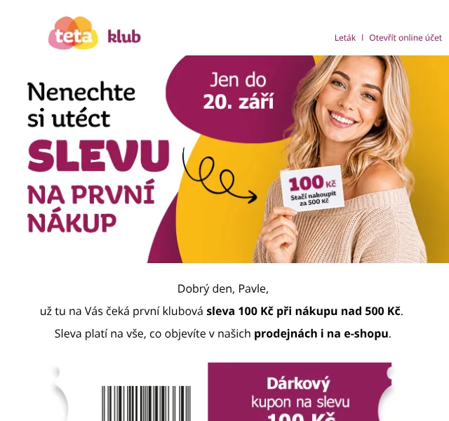 Teta drogerie: 100 Kč sleva na první nákup – září 2026