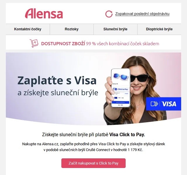 Alensa: Sluneční brýle zdarma při platbě Visa – duben 2026