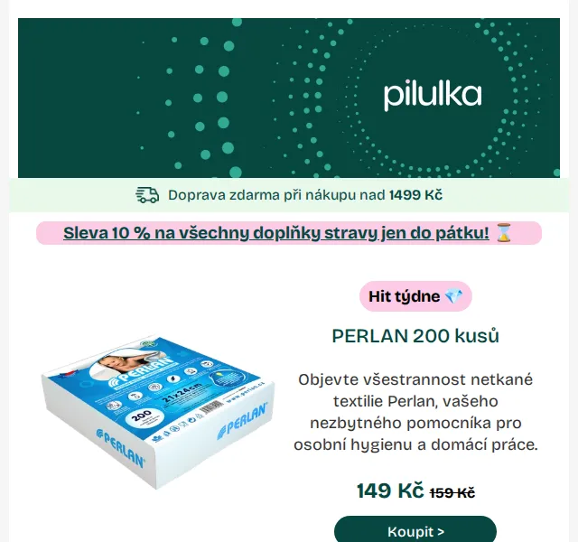 Pilulka.cz: Perlan 200 ks za 149 Kč a 10 % sleva na doplňky stravy – červen 2026 | Nuslet.cz