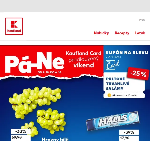 Kaufland: Hrozny bílé bezsemenné 500 g za 34,90 Kč – červenec 2026 | Nuslet.cz