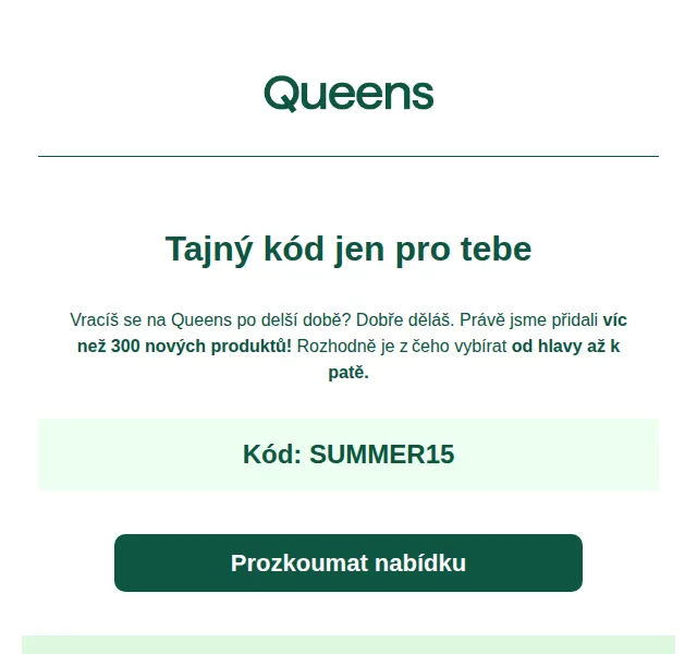 Queens: sleva 15 % na nové produkty – červenec 2026 | Nuslet.cz