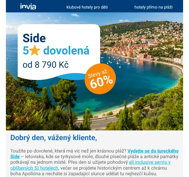 Invia: Side all inclusive od 8 790 Kč – květen 2026